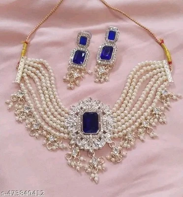 Kundan Bridal Jewellery Golden Necklace Bollywood Wedding Tribal Earring - Image 1 of 4