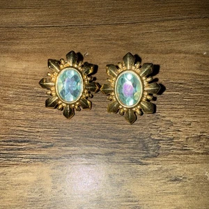 Vintage Blue Crystal in Gold Starburst Stud Earrings - Picture 1 of 2