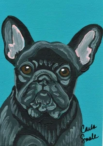 ACEO ATC Original schwarze französische Bulldogge Hund Haustier Kunst Gemälde-Carla Smale - Bild 1 von 2