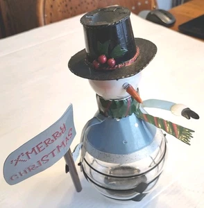 Pupazzo di Neve Votivo 10x8 Decorazione Buon Natale Vetro Latta Smalto - Foto 1 di 4