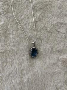 Blue Topaz White CZ Sterling Pendant  With Silvertone Chain Stunning - Picture 1 of 7