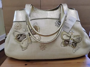 Coach Lexi Handtasche Elfenbein Stroh geprägt Stickerei Schmetterling Gold Leder Lesen - Bild 1 von 23