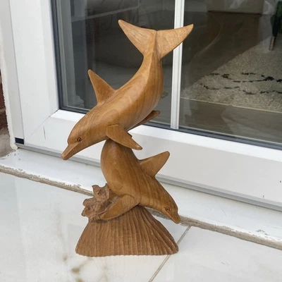 Delfine handgeschnitzt Wohndeko Ornament Skulptur - H 40 x L 22 x Sockel 18 x 7 cm - Bild 1 von 4