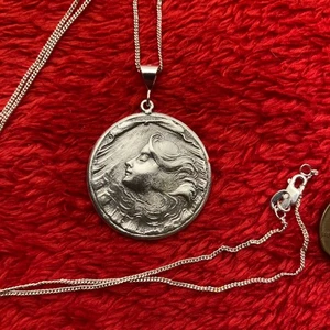 Sterling silver mermaid lady cameo pendant coin medallion pendant 18" necklace - Picture 1 of 3
