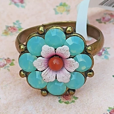 Anillo Michal Negrin Azul Turquesa Helado Simulado Coral Flor Cristales Regalo Nuevo con Etiquetas Caja Foto 1 de 4