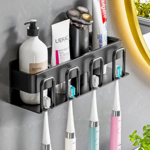 Zahnbürstenhalter Wand Zahnbürsten Halter Ohne Bohren 4 Leute Schwarz mit Kleber - Bild 1 von 15