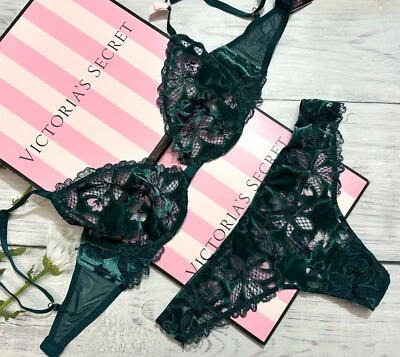 Victoria's Secret Velvet Ziggy Glam Floral Embroidery Demi Bra Thong Set Green - Image 1 of 4
