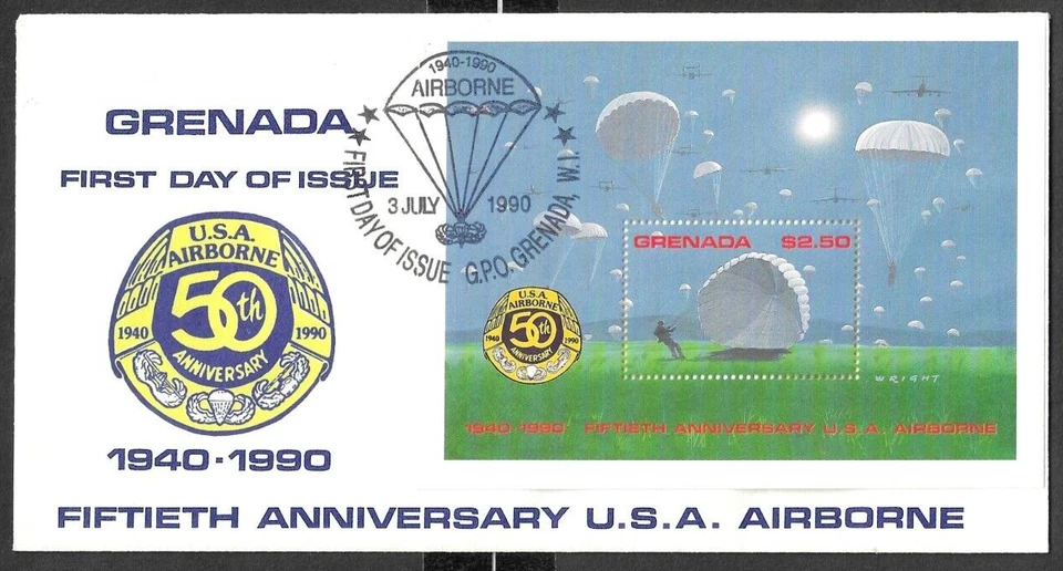 GRENADA - 3 x FIRST DAY COVERS - 50th ANNIV U.S.A. AIRBORNE 1940-1990 - 3/7/1990 - Image 1 of 3