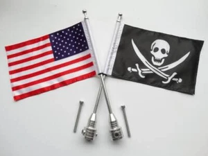 2pcs USA +Skull Flag Motorcycle Rear Luggage Rack Bracket Mount Steel Pole New - Foto 1 di 9