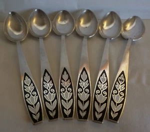 SET OF 6 RUSSIAN SILVERPLATED BLACK & WHITE ENAMEL TEA SPOONS - Picture 1 of 11
