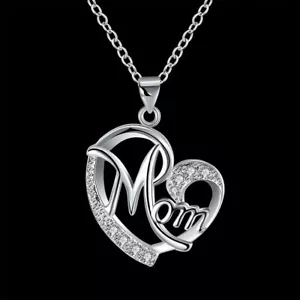 Women’s/Girls: 18ct White Gold “Mom” Diamante, Heart, Necklace & Pendant & Chain - Picture 1 of 6