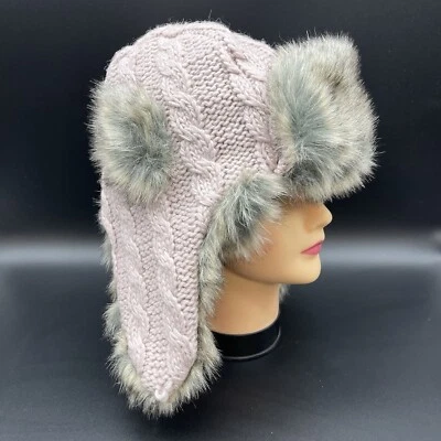 Yak Wool Women’s Beanie Trapper Hat Ear Muffs Faux Fur Warm Winter Light Pink - Image 1 of 4