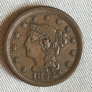 1855 Braided hair large cent , knob on ear , XF / AU , Scarce variety ! - Picture 1 of 8