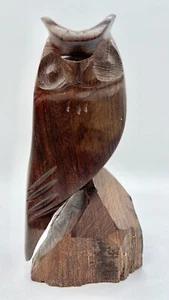 Horned Owl Hand Carved Solid Dark Wood Animal Sculpture  7.5” - Picture 1 of 9