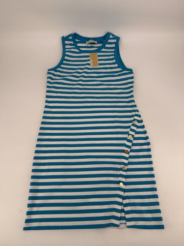 Abito Michael Kors Shift nuovo con etichette taglia media blu bianco righe maglia logo accento