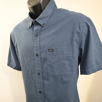 Camisa de Vestir RVCA Abotonada Azul Calce Ajustado Manga Corta Bolsillo Frontal Para Hombres Grande Foto 1 de 4