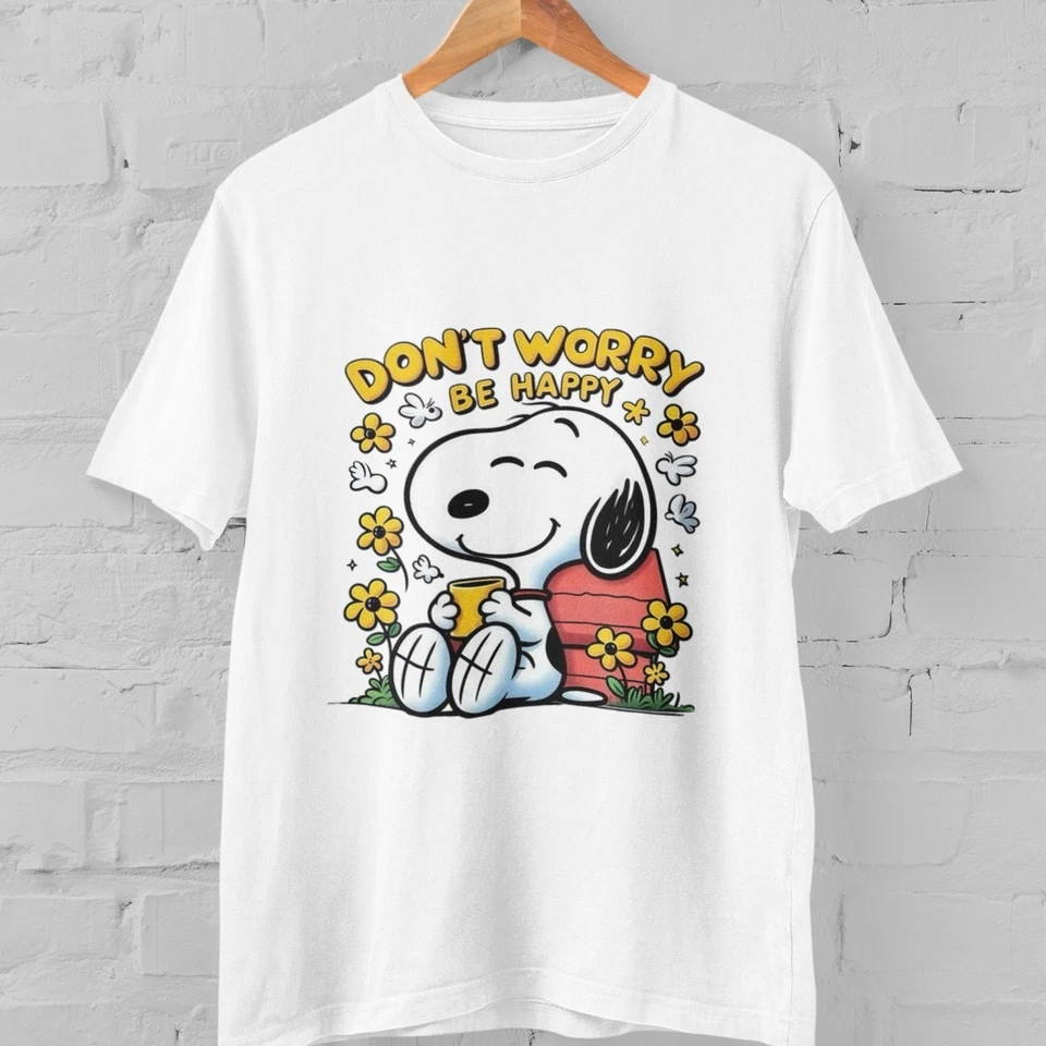 Linda Camiseta Snoopy Perro Don’t Worry Be Happy Floral Dibujos Animados Gráficos Camiseta Unisex Foto 1 de 4