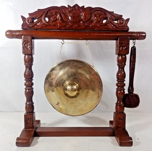 Antique Wood Frame Solid Brass Gong Asian Style with Mallet ~20" Tall x 20" Wide - Picture 1 of 13