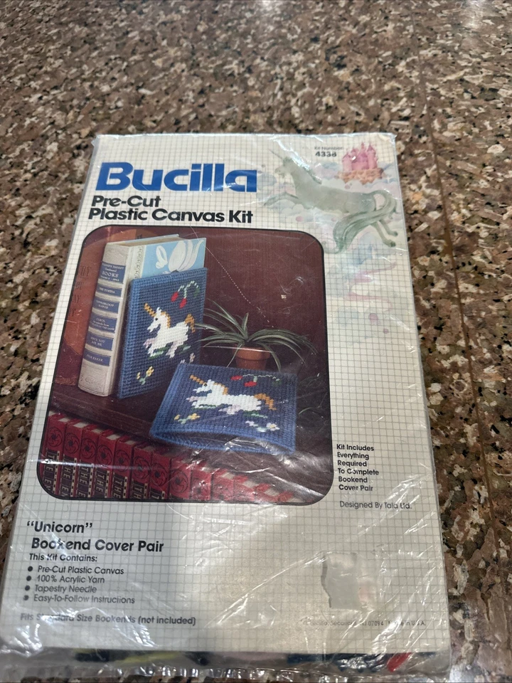 Bucilla "Unicorn" Metal Bookend Cover Pair kit #4338 plastic canvas New Vintage - Image 1 of 4