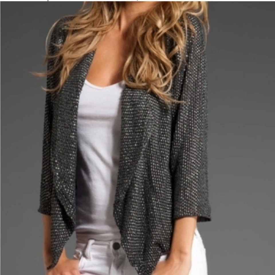 Parker 灰色金属串珠丝绸夹克女式 S 码亮片派对晚会  — 第 1/4 张图片