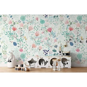GK Wall Design Colorful Puppy Flowers with White Background Green H:75" x W:112 - Picture 1 of 5
