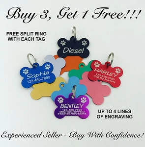 Custom Engraved Bone With Paw Print Pet Tag Dog Cat ID Name Animal - 10 COLORS - Picture 1 of 2