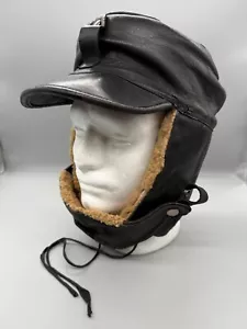 Vintage Leather Sheepskin Trapper Winter Hat & Chin Strap Guard Ear Cover Unique - Picture 1 of 11