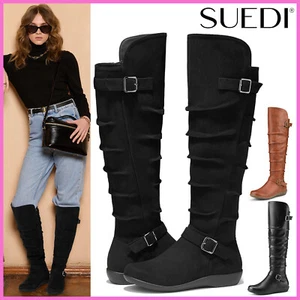 SUEDI Women Casual Slouchy Knee High Boots Buckle Full-Zip Flat Tall Dress Boots - Picture 1 of 39