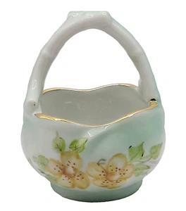 Miniature Porcelain Basket Pastel Green Flower BLOSSOM Gold Gilding Hand Painted - Picture 1 of 22