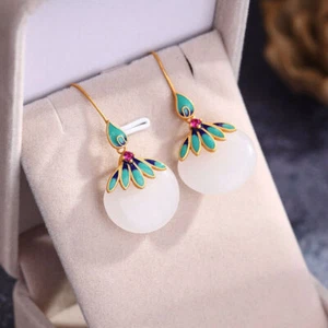 White Jade Earrings Women Carved Gemstone Natural Chinese 925 Silver Jewelry - Picture 1 of 5
