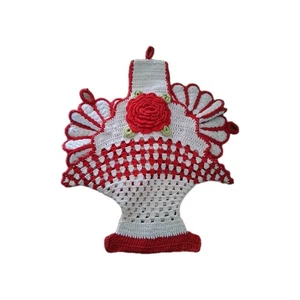 Vintage 1950s Crocheted Basket Wall Hanging/Pot Holder Red Rose 10”  MCM Retro - Picture 1 of 7