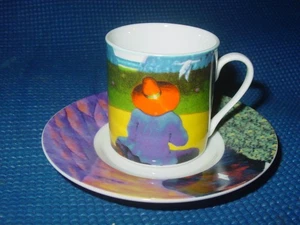JUEGO DE 1 TAZA Y PLATILLO ESPRESSO DEMITASSE SEMBRADOR SIN ROSTRO DIONISIO BLANCO PINTADO A MANO - Imagen 1 de 4