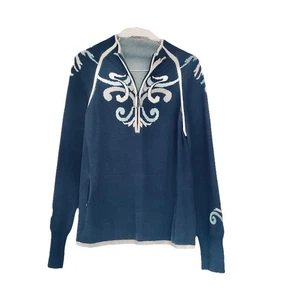 Athleta Nordic Women 1/4 Zip Knit Sweater Tunic Cotton Size 1X Blue Ivory Trim - Picture 1 of 12