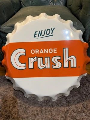 NICE STOUT MADE ORANGE CRUSH BOTTLE CAP ADVERTISING SIGN - Image 1 of 4