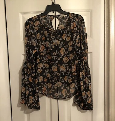 Top Lily Blanco Talla Mediana Negro Largo Con Cordones Manga Campana Estampado Floral Transparente M Foto 1 de 4