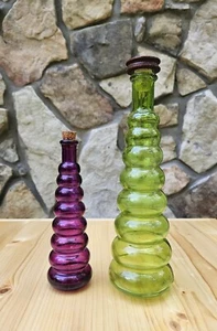 Vintage Art Deco Set of 2 Purple Green Colored Decorative Bottles/ Vases - Picture 1 of 13