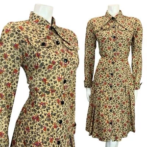 VTG 70S BEIGE BLACK PINK PURPLE FLORAL BIRD DAGGER COLLAR BELTED SHIRT DRESS 10 - Picture 1 of 11