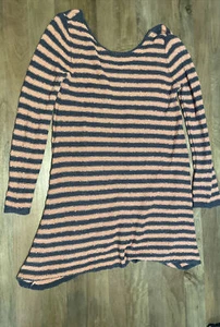 FREE PEOPLE ORANGE GRAY STRIPE THIN KNIT BELL SLEEVE OVERSIZED SWEATER DRESS S - Picture 1 of 6