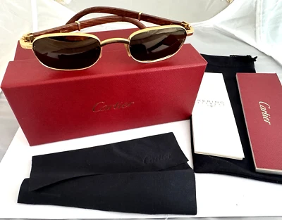 GAFAS DE SOL CARTIER RARAS VINTAGE MADERA "BUBINGA" MARCOS DORADOS CONJUNTO COMPLETO CAJA/PAPELES Foto 1 de 4