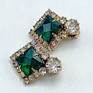 Vintage Art Deco Gold Tone Emerald Cut Crystal Rhinestone Clip on Earrings - Picture 1 of 5