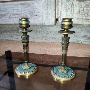 paire de bougeoir bronze émaillé Napoleon III cloisonné Carquois - Photo 1/12