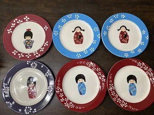 Rare KOKESHI DOLL 8” DESSERT PLATES Set of 6 Hand-painted (No Box) - Picture 1 of 4