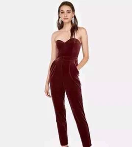 EXPRESS Velvet Strapless Bustier Jumpsuit Evening Wear Burgundy Pink Pockets 12 - Picture 1 of 10