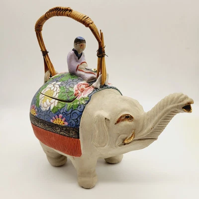 READ Vintage Banko Ware Teapot with Elephant Rider Flowers Marked Made in Japan - Image 1 of 4
