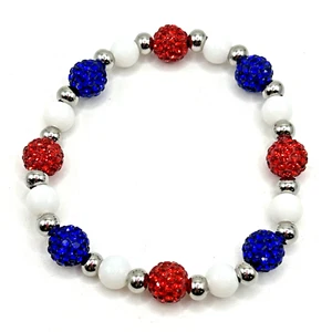 7.5" Patriotic Red, White, Blue Pavé Rhinestone & Glass Beaded Stretch Bracelet - Picture 1 of 4