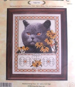 Feline Drive Fabric Counted Cross Stitch Kit TUFFY TOES Gray Cat & Sunflowers - Picture 1 of 7