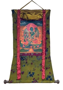GREEN TARA OIL VARNISHED ORIGINAL TIBETAN THANGKA PAINTING WITH COTTON BROCADE - Picture 1 of 7