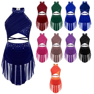 Kids Dance Rhinestone Leotard School Dress Samba Lyrical Mesh Girls Glittery - Picture 1 of 73