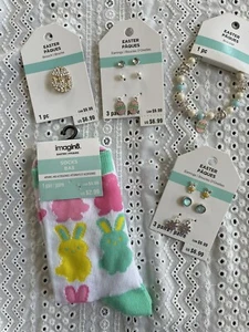 NWT Easter Earrings Bracelet Brooch & Sock Set Bunny Set Lot Chicks Eggs Flowers - Picture 1 of 7