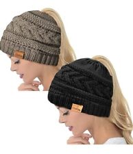 Ponytail Beanie Hat for Women, High Messy Warm Stretch Cable Knit Winter   Hat
